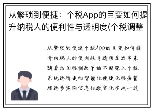 从繁琐到便捷：个税App的巨变如何提升纳税人的便利性与透明度(个税调整个人申报app)