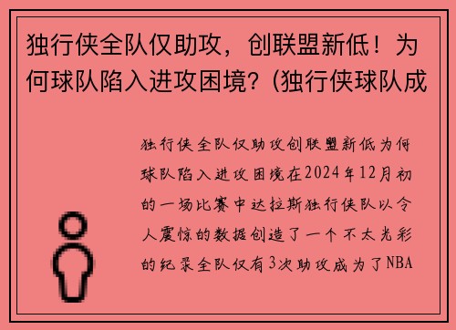 独行侠全队仅助攻，创联盟新低！为何球队陷入进攻困境？(独行侠球队成员)