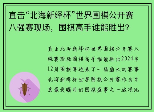 直击“北海新绎杯”世界围棋公开赛八强赛现场，围棋高手谁能胜出？