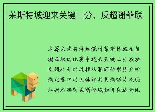 莱斯特城迎来关键三分，反超谢菲联