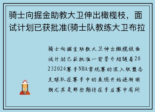 骑士向掘金助教大卫伸出橄榄枝，面试计划已获批准(骑士队教练大卫布拉切)